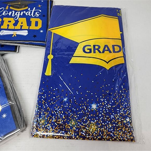 New Graduation Napkins & Large Platic Tablecloth 100 Napkins Blue Gold White - Picture 5 of 6